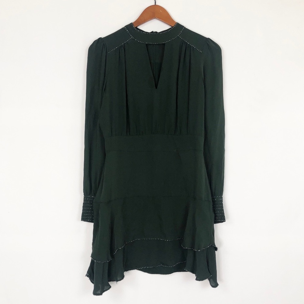 Parker Chrissy Beaded Silk Choker‎ Dress Green Size 4 Mini Long Sleeve